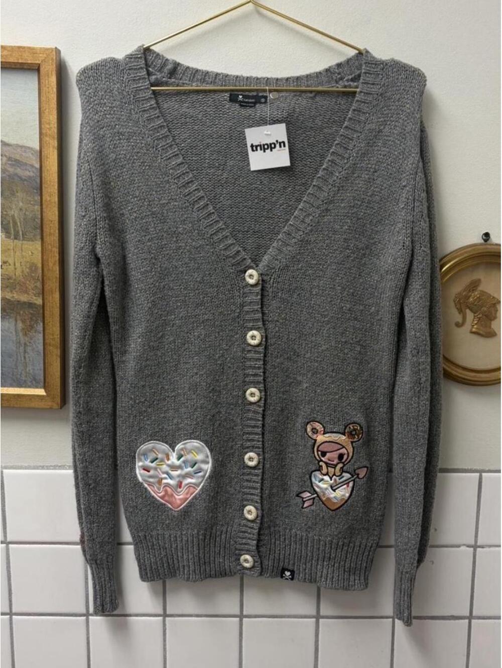 Tokidoki grey cardigan with heart and bear patches
